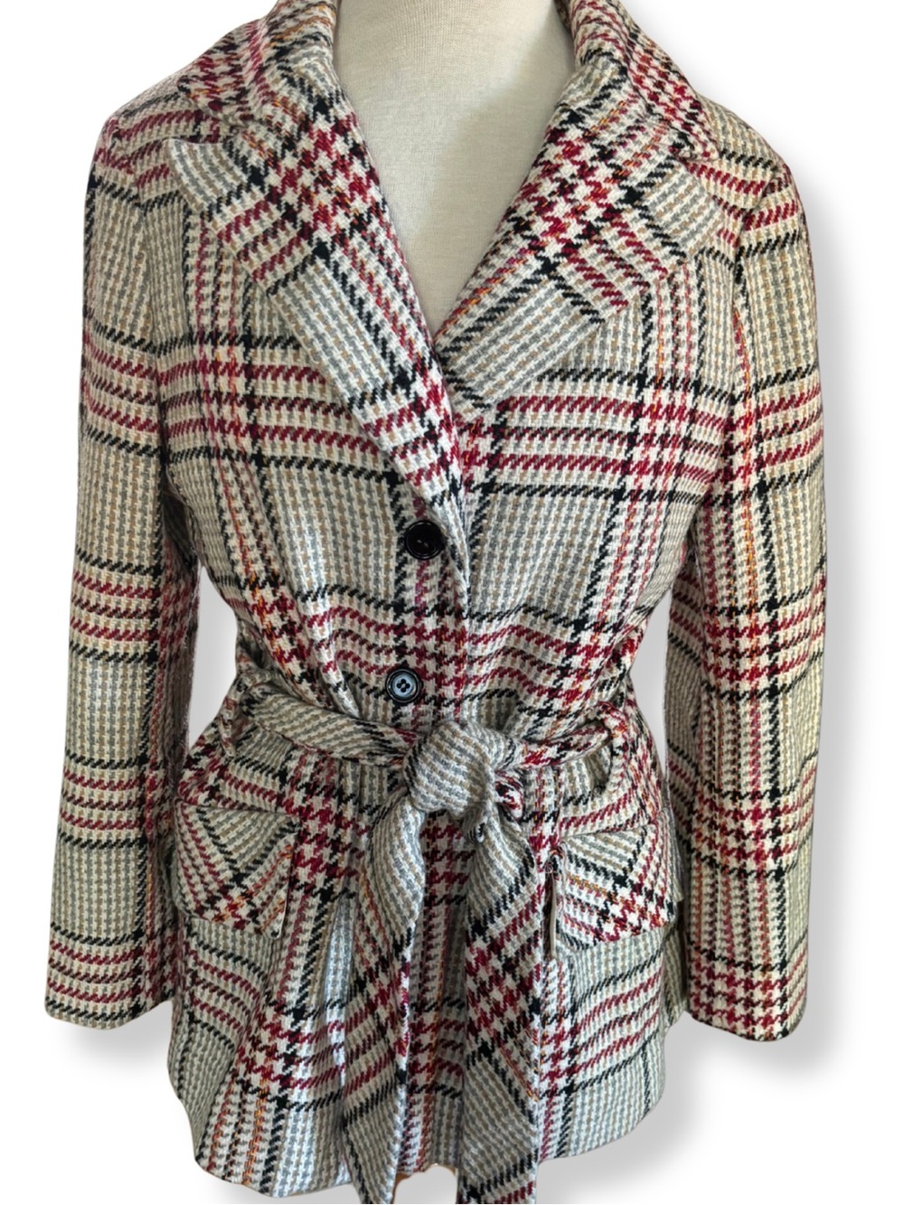 Vintage 70s Leo Narducci Ambiance Tweed Plaid Belted Jacket Size 14
